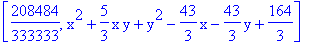 [208484/333333, x^2+5/3*x*y+y^2-43/3*x-43/3*y+164/3]